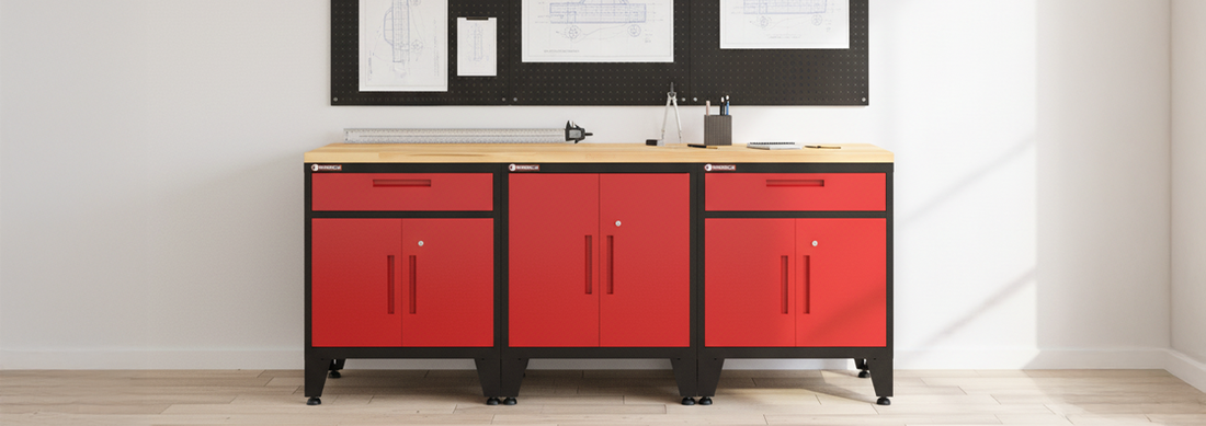Armadillo Tough 84-inch workbench and steel cabinet set staged as a Father's Day garage upgrade