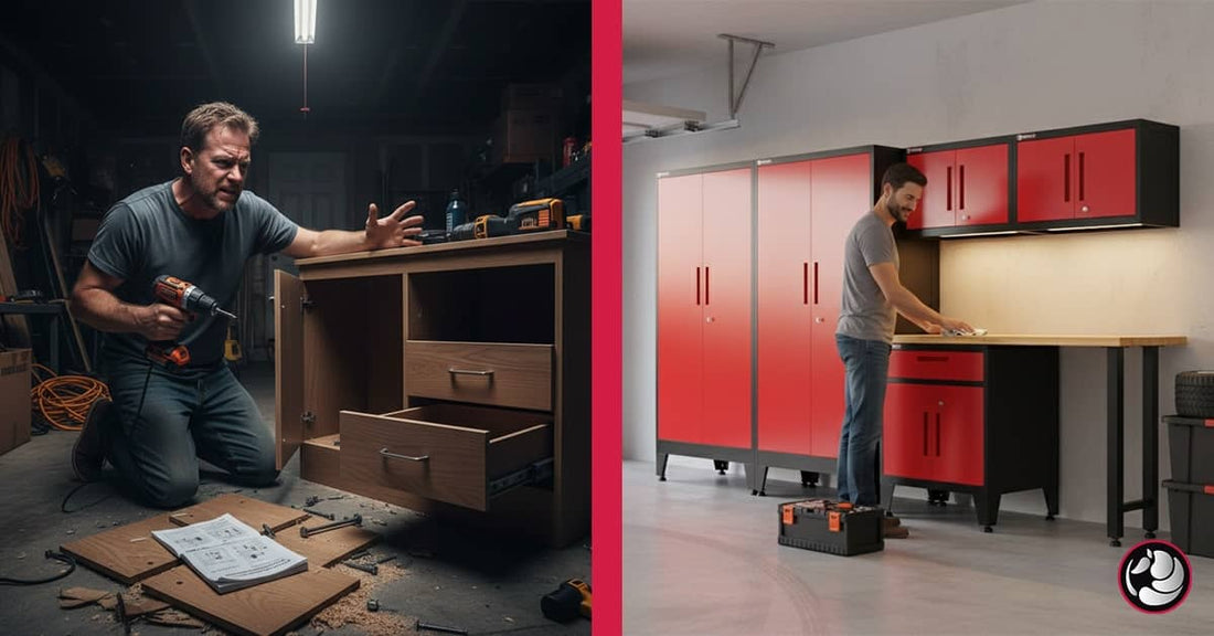 One man frustrated building wooden shelves, other man happy with Armadillo garage cabinets.