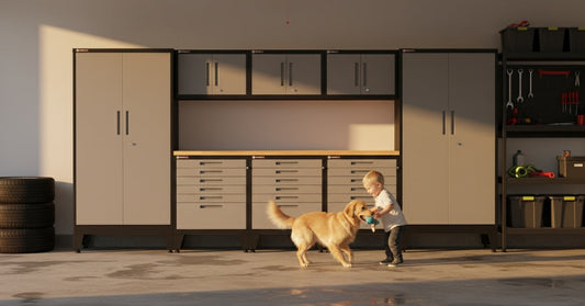 Child and dog playing in front of garage cabinets. | Armadillo Tough