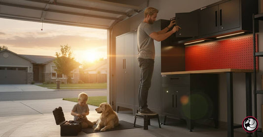 Man, child, and dog in garage with cabinets. | Armadillo Tough