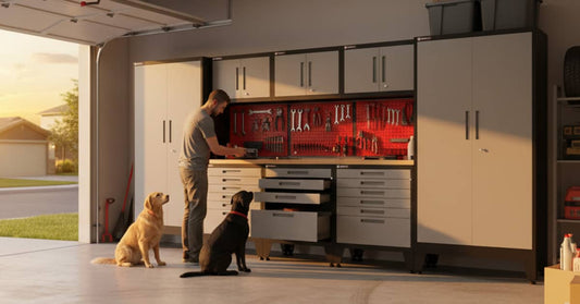 Man and two dogs in clean and organized garage. |Armadillo Tough